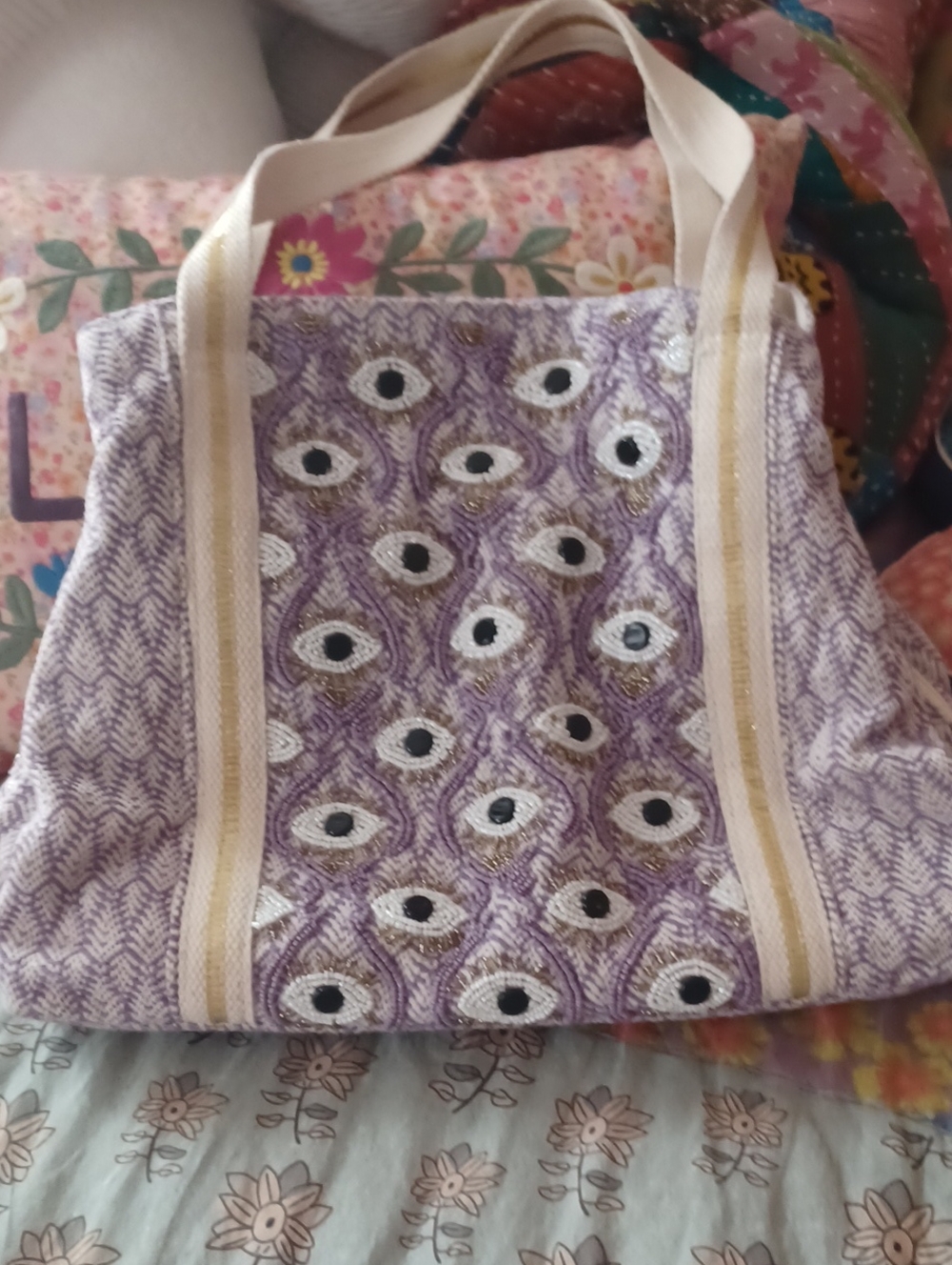 Source Unknown Purple Eye-Pattern Cotton Crossbody Bag with Cream Straps